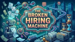 Richly illustrated editorial cover depicting the broken modern hiring machine with digital portal, floating resumes, and central marquee.