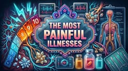 Richly illustrated editorial cover depicting the most painful illnesses with glowing 1-to-10 pain scale, anatomical nerve paths, and central marquee.