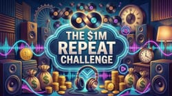 Richly illustrated editorial cover depicting the 1 million dollar song repeat challenge with glowing headphones, vinyl records, and central marquee.