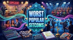 Richly illustrated cover of worst popular sitcoms with centered shield marquee.