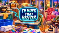 Illustrated kitchen and living room filled with infomercial gadgets around a glowing television-shaped sign reading TV BUYS THAT DELIVER.