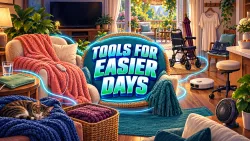 An illustrated adaptive home with heated blankets, a mobility chair, kitchen stool, robot vacuum and cat around the headline Tools for Easier Days.