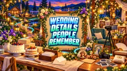 Illustrated wedding reception with anniversary letters, table cakes, flower-bulb favors and a camcorder corner around the headline WEDDING DETAILS PEOPLE REMEMBER.