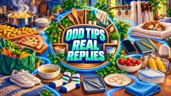 Illustrated household tools, food and organizing supplies surround the words Odd Tips Real Replies on a blue-green wooden tray.