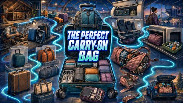 The Perfect Carry On Bag headline centered in an open suitcase, surrounded by airport scenes, hard-shell rollers, backpacks, totes, repairs, and a broken trendy weekender.