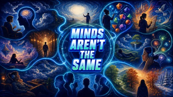 A surreal perception portal connects contrasting inner speech, mental imagery, memory, dreams, sensory processing, focus, and time perception.