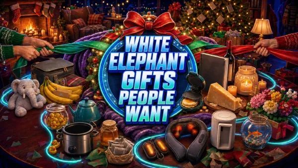 White Elephant Gifts People Want headline centered over a holiday swap table, surrounded by a heated throw, cheese, appliances, toys, food, candles, wine, and amused guests.