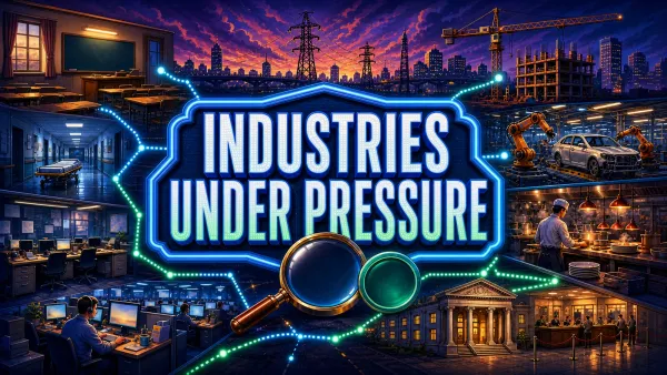 An illustrated city under strain surrounds a neon sign reading “Industries Under Pressure,” with schools, hospitals, factories, offices and restaurants.
