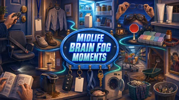 A dense blue-hour panorama of a house at night where ordinary objects have ended up in the wrong places: a phone in the fridge, keys held up to the front door.