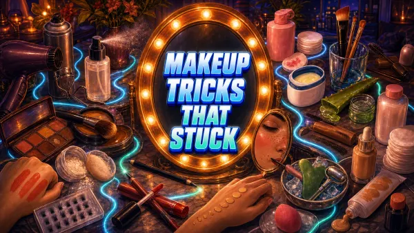 A crowded bulb-lit vanity: a glowing round mirror ringed by brushes, an eyeshadow palette, setting spray mid-mist, lash clusters, gua sha stones and a tub of petroleum jelly.