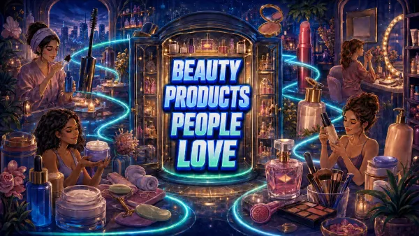 A faceted heart-shaped beauty cabinet glows among skincare, hair, complexion, eye, lip, fragrance, and body-care products.