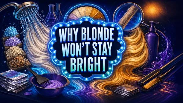 An illustrated salon surrounds a neon sign reading “Why Blonde Won’t Stay Bright,” with mineral buildup, washing, toner, heat and sunlight clues.
