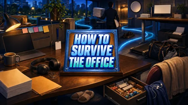 A blue-hour open-plan office at dusk, a brass desk nameplate on a cubicle desk beside headphones, slippers, a gym bag and a lunch waiting on a park bench outside.
