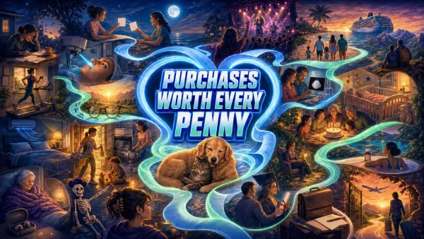 Purchases Worth Every Penny headline centered in a glowing heart, surrounded by rescued pets, healthcare, education, family, travel, home help, freedom, and experiences.