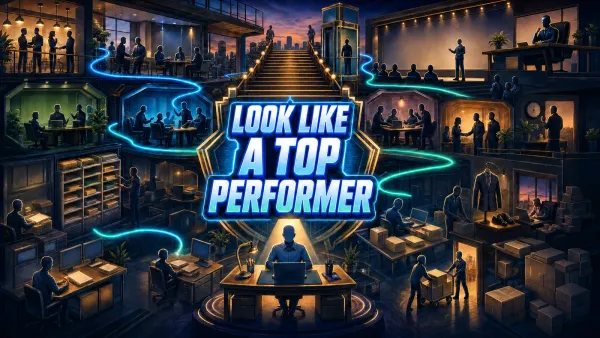 Look Like a Top Performer headline centered in an office promotion seal, surrounded by relationships, inboxes, automation, presentations, boundaries, and a promotion staircase.