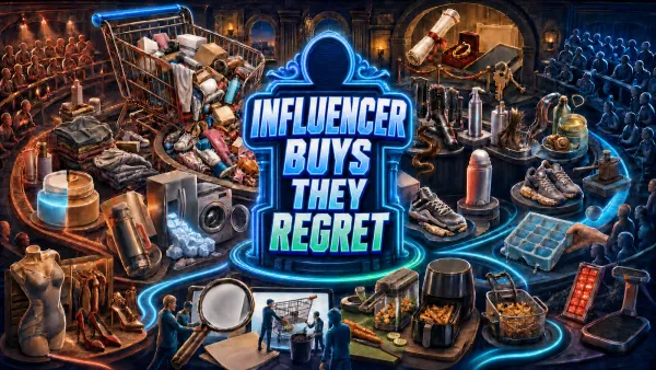 Influencer Buys They Regret headline centered in a retail courtroom, surrounded by a return conveyor, clothing, beauty products, appliances, kitchen tools, and shoppers.