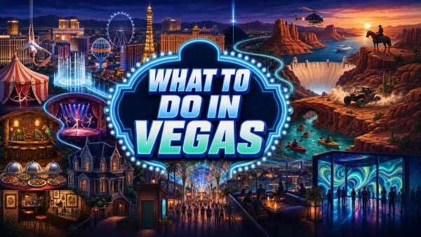What to Do in Vegas headline centered in a neon marquee, surrounded by the Strip, shows, fountains, Fremont nightlife, desert canyons, kayaks, Hoover Dam, and horseback riding.
