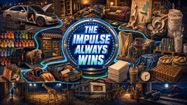 A dense blue-hour street scene of impulse buys: an empty shopping trolley beside a brand-new car, a wall of coloured clogs, a pony led from a black taxi and a kitten in a bag.