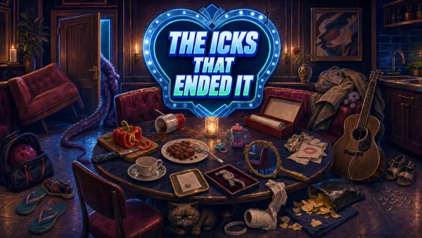 A blue-hour supper-club booth beneath a cracked heart-shaped marquee, with a half-eaten dinner and abandoned date-night belongings scattered across the tiled floor.