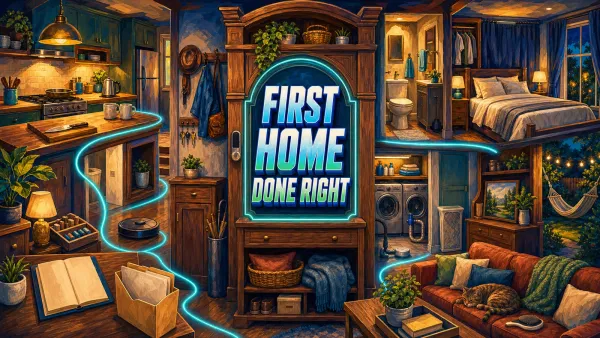 Painterly cutaway of a first home with practical rooms and the headline First Home Done Right.