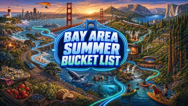 Bay Area Summer Bucket List headline centered beneath the Golden Gate Bridge, surrounded by San Francisco, coastal drives, redwoods, gardens, concerts, rivers, and mountain trips.