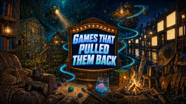 A cosy blue-hour gaming corner — armchair, sleeping cat and controller — opening outward into the worlds players named: a lamplit farm plot and greenhouse.