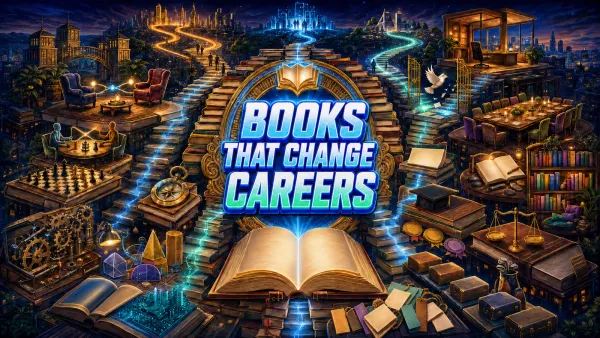 Books That Change Careers headline centered above an open book, surrounded by a book-built career city with negotiation, leadership, strategy, technical skills, and credentials.
