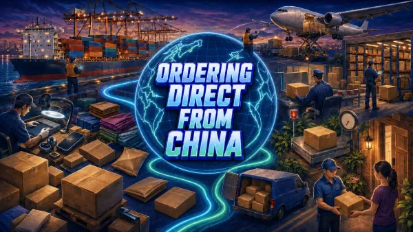 A cinematic global shipping route connects factories, cargo, customs, quality checks, and home deliveries around a centered crate seal.