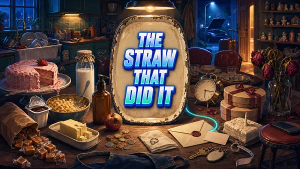 A late-night kitchen table crowded with small ordinary things — a half-eaten strawberry ice cream cake, a bowl of mac and cheese, a milk bottle, a spilled paper bag of caramels.
