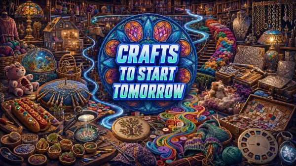 Crafts to Start Tomorrow headline centered in a stained-glass medallion, surrounded by bookbinding, lace, plush toys, basketry, quilling, mosaics, yarn, and jewelry.