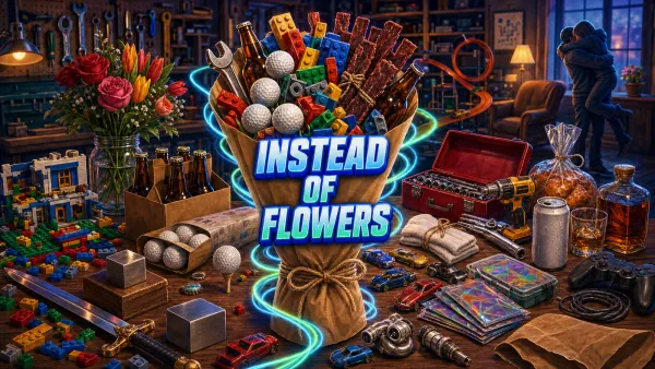 A kraft-paper florist's bouquet packed with Lego bricks, golf balls, a spanner and beef jerky, on a blue-hour workshop table of beer, whiskey, tools, fishing lures and real roses.