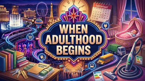 Richly illustrated editorial cover depicting when adulthood begins with keys, mortgage documents, nursery cradle, and central marquee.