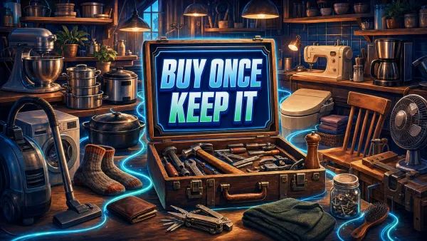 Illustrated home workshop and kitchen filled with durable household goods around a glowing tool chest reading BUY ONCE KEEP IT.