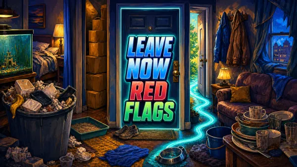 Illustrated SmartJots cover reading LEAVE NOW RED FLAGS, surrounded by a cluttered entry path, an overflowing plain waste basket, a tipped pet water bowl.