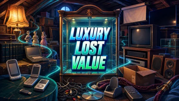 Illustrated attic of obsolete electronics and collectibles around an empty glowing display cabinet reading LUXURY LOST VALUE.