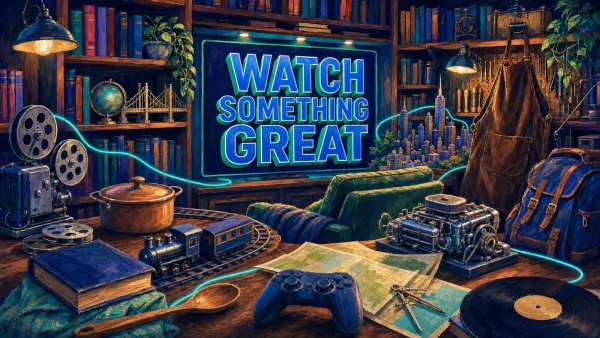 Illustrated SmartJots cover reading WATCH SOMETHING GREAT, surrounded by a cooking pot beside an old history book with blank cover, a bridge model, a wooden workbench.