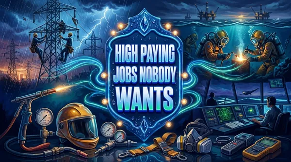 Richly illustrated cover of high-paying hazardous jobs with centered shield marquee.