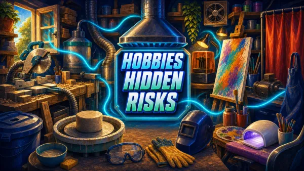 Illustrated SmartJots cover reading HOBBIES HIDDEN RISKS, surrounded by a woodworking bench, a saw with blank handle, a dust-collection hose.
