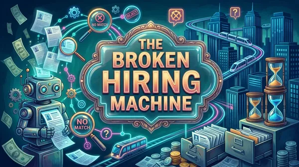 Richly illustrated editorial cover depicting the broken modern hiring machine with digital portal, floating resumes, and central marquee.