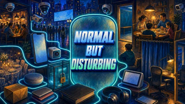 Illustrated SmartJots cover reading NORMAL BUT DISTURBING, surrounded by a phone silhouette with blank screen, a small camera with no controls, a crowded cafe.