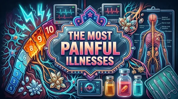 Richly illustrated editorial cover depicting the most painful illnesses with glowing 1-to-10 pain scale, anatomical nerve paths, and central marquee.