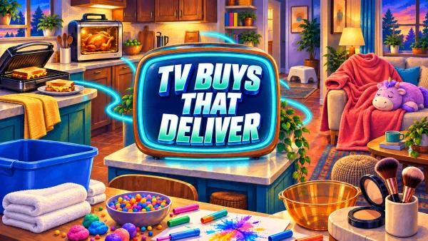 Illustrated kitchen and living room filled with infomercial gadgets around a glowing television-shaped sign reading TV BUYS THAT DELIVER.