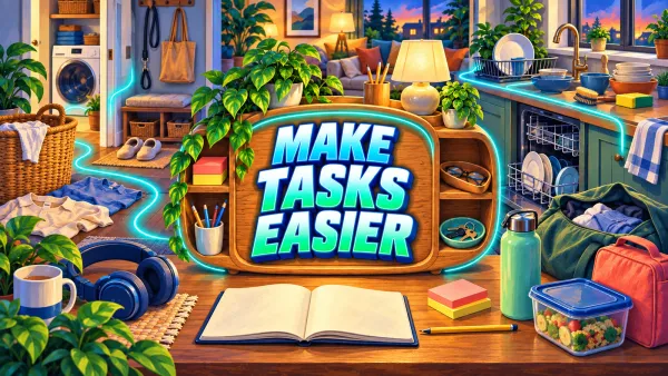 Illustrated home workspace with laundry, dishes, headphones and a wooden organizer reading Make Tasks Easier.