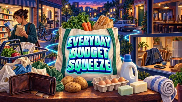 An illustrated grocery tote and everyday essentials in front of quieter neighborhood businesses.