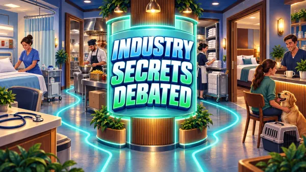 Illustrated workplace corridor connecting a hospital, restaurant kitchen, hotel laundry and pet-care reception around a glowing sign reading Industry Secrets Debated.