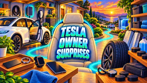Illustrated garage scene with an electric crossover, charging cable, tire, backup keys and cleaning supplies around the headline TESLA OWNER SURPRISES.