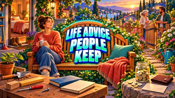 Illustrated garden bench with a woman holding a mug, blank books, simple tools and a savings jar around the headline LIFE ADVICE PEOPLE KEEP.