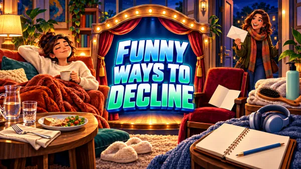Illustrated sitting room with a relaxed woman, a blank invitation, headphones and an integrated theater-style sign reading FUNNY WAYS TO DECLINE.