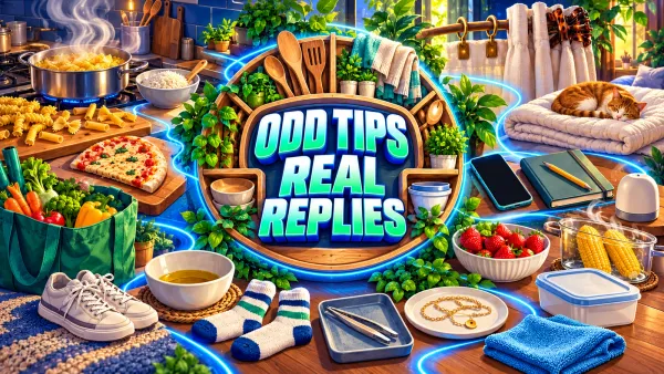 Illustrated household tools, food and organizing supplies surround the words Odd Tips Real Replies on a blue-green wooden tray.