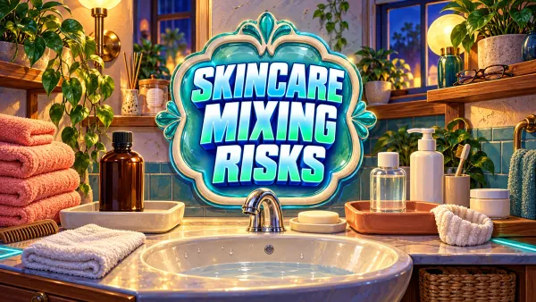 Illustrated bathroom vanity with closed household bottles kept apart, cotton towels and a ceramic panel reading Skincare Mixing Risks.